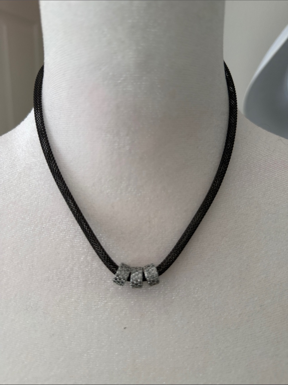 Black Mesh Necklace with Silver Crystal Accents